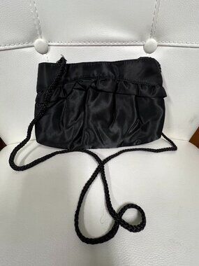 Black satin purse with braided strap glamour party eveningwear vintage goth